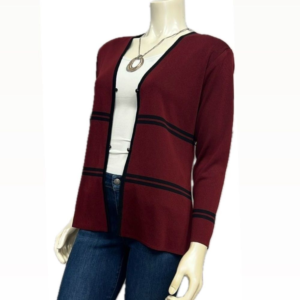 *Misook burgundy WINE and black striped knit button cardigan sweater top *